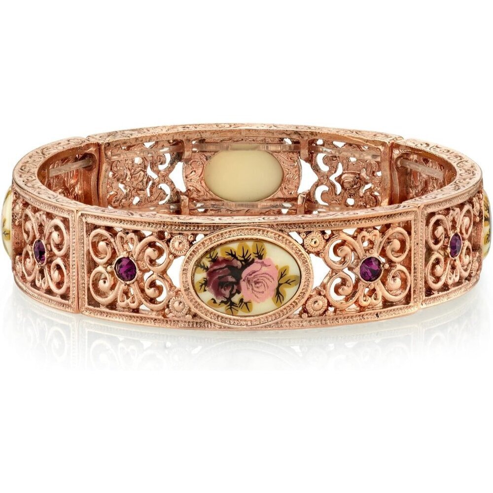 1928 Rose Gold Flower Bracelet Vintage Victorian Rose Purple Crystal Stretch USA